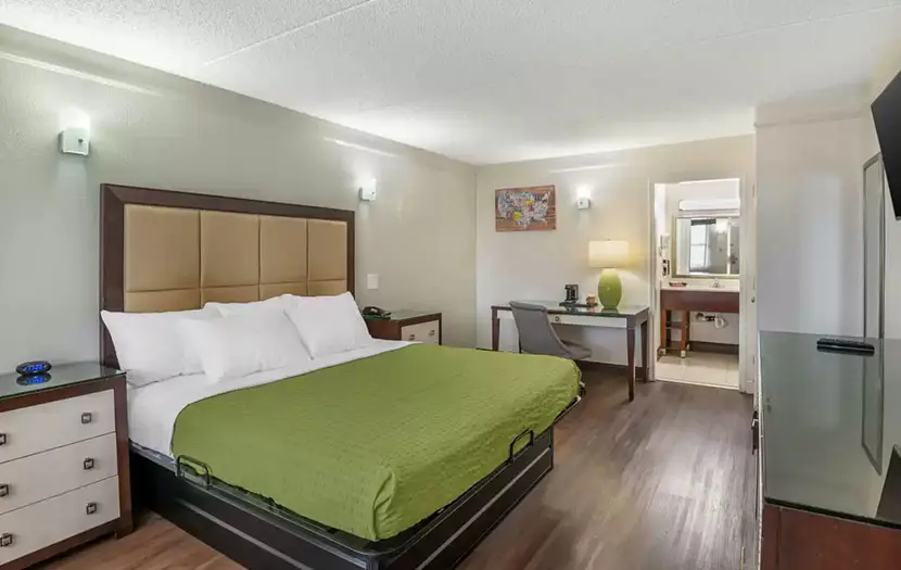 Guest room with a king bed, bedside lamps and a television